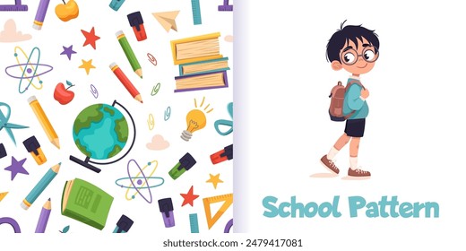 Patrón escolar perfecto. Fondo de vuelta a la escuela con Elementos de educación y símbolos de doodle iconos. Vector ilustración de dibujos animados