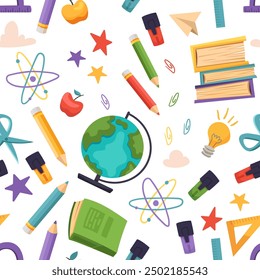 Seamless school pattern. Back to school background with education elements and doodle icons symbols. Vector cartoon illustration