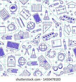 Seamless school pattern. Back to school. Blue icons for education on white background. Design for posters, banners, labels. Vector illustration.
