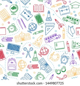 Seamless school pattern. Back to school. Coloroutline icons for education on white background. Design for posters, banners, labels. Vector illustration.