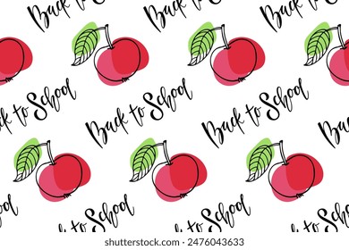 Seamless School pattern. Back to school lettering with apple fruit sketch. Hand drawn calligraphy quote. Return to class. Repeated print for textile, fabric, wrapping paper, wallpaper, packaging