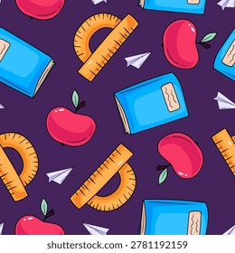 Seamless school pattern with book, apple, ruler and paper plane illustration. colorful education background for textile, packaging, classroom and back to school design