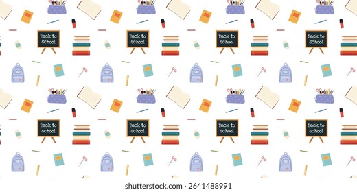Seamless school pattern with books, backpacks, chalkboards and stationery in cartoon hand-drawn style. Part of a Hand-drawn Back to School Series. Background is on a separate layer
