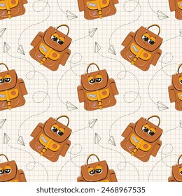 Seamless school pattern with brown backpacks and paper airplanes. Seamless pattern for school. Many backpacks and airplanes. Vector backpacks in retro style. For textiles, gift wrapping, banner