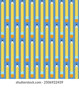 Seamless school pattern with cartoon yellow pencil on blue background in flat style. 