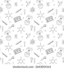 Seamless school pattern with with chemical laboratory test tubes, formulas, molecules. Back to school concept. Hand drawn chemical elements, equipment and devices. Vector monochrome illustration