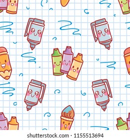 Seamless school pattern with cute characters with eyes: pen, pencil, color pencil. Vector endless background cartoon art in hand drawn style 