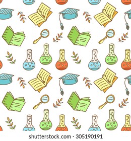 Seamless school pattern. Hand drawn School or Science Supplies, Sketchy Doodles Elements, Vector Illustration
