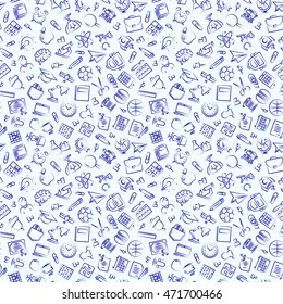 Seamless school pattern with hand drawn thin line icons school supplies on checkered background. Education pattern. Vector Illustration  