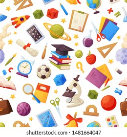 Seamless school pattern include: books, globe, tablet, magnifier, ball, alarm, ruler, flasks, notebook, cap, grades list. Vector education elements, cartoon style