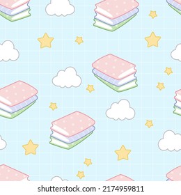 Seamless school pattern in kawaii style. Cute books with clouds and stars on a blue checkered background.