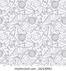 Seamless school pattern, with linear symbols of education and knowledge. Editable, no gradients and no clipping masks. 
