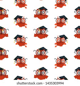 Seamless school pattern made of Owls with graduation caps on white background. Flat Art Vector illustration