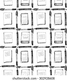 Seamless school pattern with notebooks, books, pens and pensils