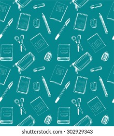 Seamless school pattern with notebooks, scissors, rubber, sharpener; eraser, pencil-box, pen and pensil