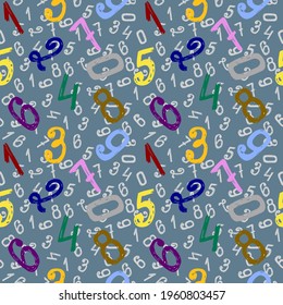 Seamless school pattern - Number 1, 2, 3, 4, 5, 6, 7, 8, 9, 0. Hand drawing number signs, multicolored bright and gray numbers. For printing on children's fabric, wallpaper, paper, notebook cover.