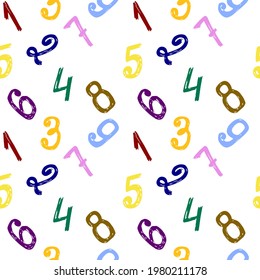 Seamless school pattern - Number 1, 2, 3, 4, 5, 6, 7, 8, 9, 0. Hand drawing number signs, multicolored bright numbers. For printing on children's fabric, wallpaper, paper, notebook cover.