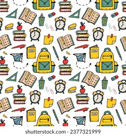 Seamless school pattern - objects and supplies for studying. Books, school backpack, glue, alarm clock, pencil, pen. Vector doodle illustration background for packaging, textile, wallpaper