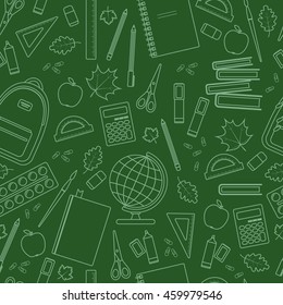 Seamless school pattern on green chalkboard. Vector stock illustration.