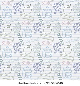 Seamless school pattern on the notebook sheet into the line,with:apple,ala rm clock, briefcase, backpack, ruler,leaf