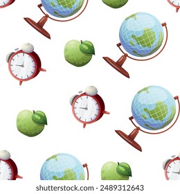 seamless school pattern on a white background. color illustration of globe, books, textbooks, alarm clock. pattern for textile, background, advertising
