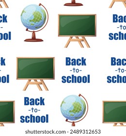 seamless school pattern on a white background. color illustration, school board, globe, back to school inscription. pattern for textile, background, packaging, wallpaper