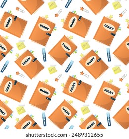 seamless school pattern on a white background. color illustration, textbooks, diary, notebooks, sheets of paper, markers, highlighters, bookmarks, stickers. pattern for textile, background, packaging,