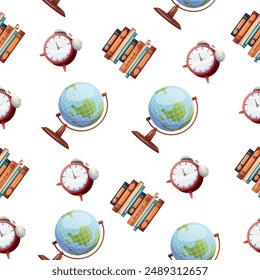 patrón de escuela sin fisuras sobre un fondo blanco. ilustración en color del globo, libros, libros de texto, reloj despertador. patrón para textil, fondo, publicidad
