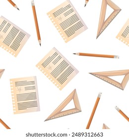 seamless school pattern on a white background. color illustration, diary, notebook sheets, pencil, ruler. pattern for textile, background, packaging, wallpaper