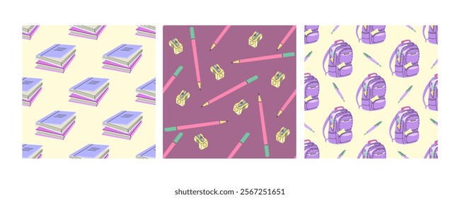 Seamless school patterns with books, pencils, and backpacks in flat doodle style