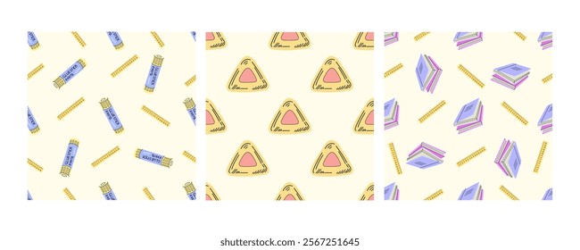 Seamless school patterns with glue sticks, triangles, and books in flat doodle style