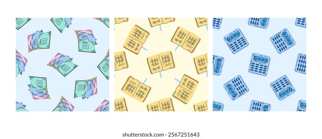 Seamless school patterns with notebooks, calculators, and graph papers in flat doodle style