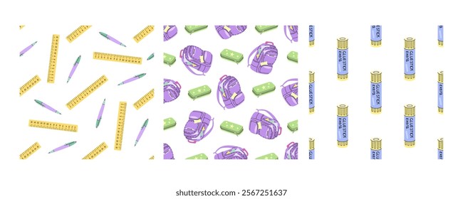 Seamless school patterns with rulers, backpacks, and glue sticks in flat doodle style