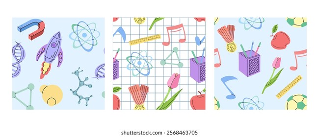 Seamless school patterns with science, music, and educational elements in flat doodle style