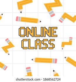 Seamless school pencil pattern with online class message.To see the other pixel online concept illustrations , please check Online Pattern collection.