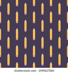 Seamless school pencil vector pattern. Repeat education background with cute doodle drawing elements. Trendy purple fashion print design. Modern learning illustration.