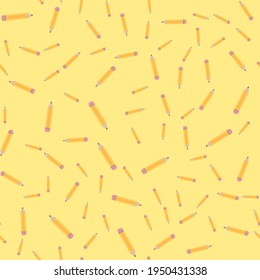 Seamless school pencil vector pattern. Repeat education background with cute doodle drawing elements. Trendy yellow fashion print design. Modern learning illustration.