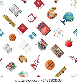 Seamless school set pattern. Different school supplies, stationery. Note globe paint calculator backpack clock ball apple building schoolbus atom. Vector illustration in flat style