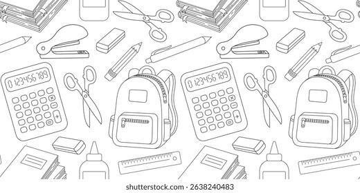 seamless school supplies pattern in black outline on white background, vector education design with backpacks, calculators, scissors, pencils and notebooks