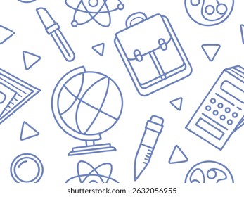 Seamless school-themed line art pattern with globes, calculators, backpacks, and science icons in blue. Ideal for educational and academic designs. Perfect for school supplies, stationery, 