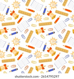Seamless school-themed pattern with bells, pencils, rulers, and notebooks. Great for Back to School, Knowledge Day, wrapping paper, fabric, stationery, classroom decor, and digital use.