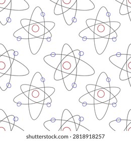 Seamless science line art pattern of atomic symbols featuring red nuclei and blue orbiting electrons, in a simple minimalist doodle style on a white background.