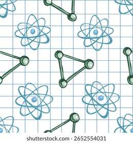 Padrão científico contínuo com átomos desenhados à mão e moléculas em fundo de papel quadrado. Estilo de esboço vintage em verde e azul. Ideal para CTEM, escola e design educacional.