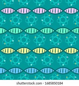 Seamless science pattern. Hand-drawn DNA molecules and ellipses with protons and electrons. Background on the theme of medicine, science, biology, physics, research and education. Vector illustration