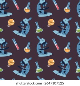Seamless Science Pattern with Microscope, Test Tubes and Lamp. Flat Design Laboratory Background for Educational Materials, School Textbooks, Science Websites and Medical Branding.