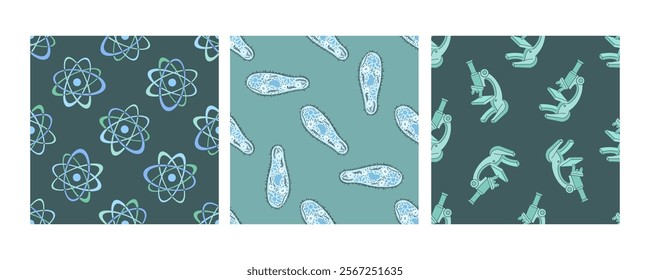 Seamless science patterns with atoms, microbes, and microscopes on backgrounds