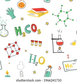 Seamless scientific pattern with chemistry objects. Great for fabric, textile. Vector Illustration