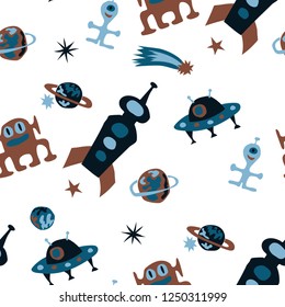 Seamless Sci-fi Background. Abstract Color Pattern with Aliens, Spaceships, Planets and Stars for Calico, Print, Textile. Trendy Space Kids Pattern with Cute Monsters. Vector Texture.