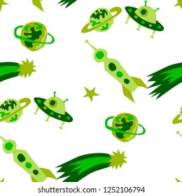 Seamless Sci-fi Background. Abstract Color Pattern with Aliens, Spaceships, Planets and Stars for Wallpaper, Print, Cotton. Vintage Space Kids Pattern with Cute Monsters. Vector Texture.