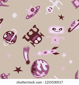 Seamless Sci-fi Background. Abstract Color Background with Aliens, Spaceships, Planets and Stars for Dress, Curtain, Paper. Modern Space Kids Pattern with Cute Monsters. Vector Texture.